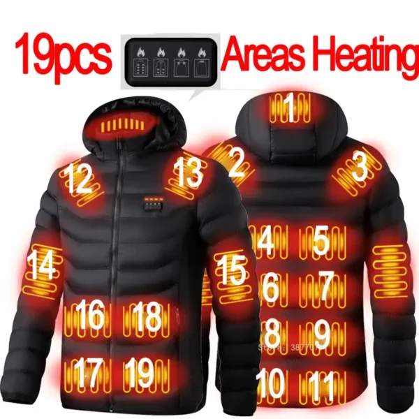 19pcs NWE Men Winter Warm USB Heating Jackets Smart Thermostat Pure Color Hooded Heated Clothing Waterproof Warm Jackets