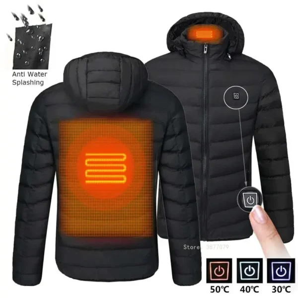 19pcs NWE Men Winter Warm USB Heating Jackets Smart Thermostat Pure Color Hooded Heated Clothing Waterproof Warm Jackets - Image 5