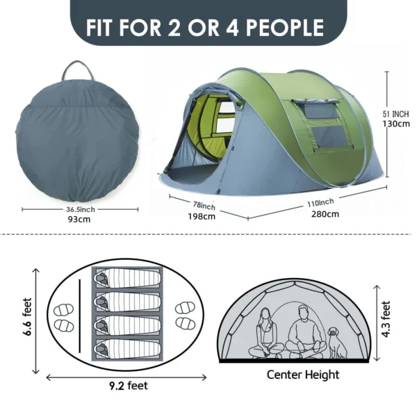 4 Person Easy Pop Up Tent Waterproof Automatic Setup 2 Doors-Instant Family Tents For Camping Hiking Traveling - Image 5