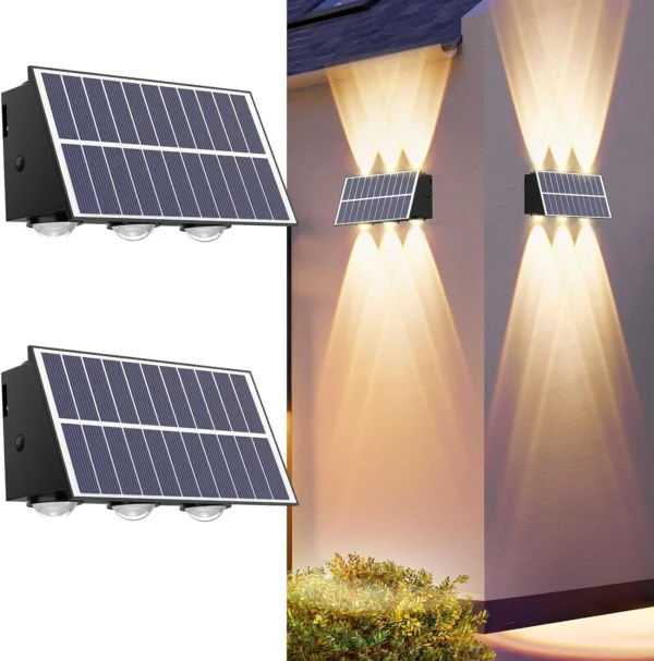 6LED Solar Fence Lights Outdoor Solar Powered Wall Lamp Up Down Lighting Waterproof for House Deck Patio Garden Decor(2 Pack)