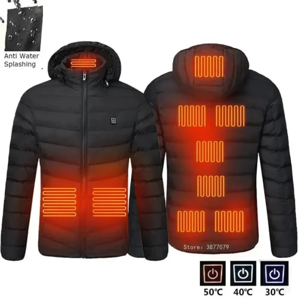 19pcs NWE Men Winter Warm USB Heating Jackets Smart Thermostat Pure Color Hooded Heated Clothing Waterproof Warm Jackets - Image 4